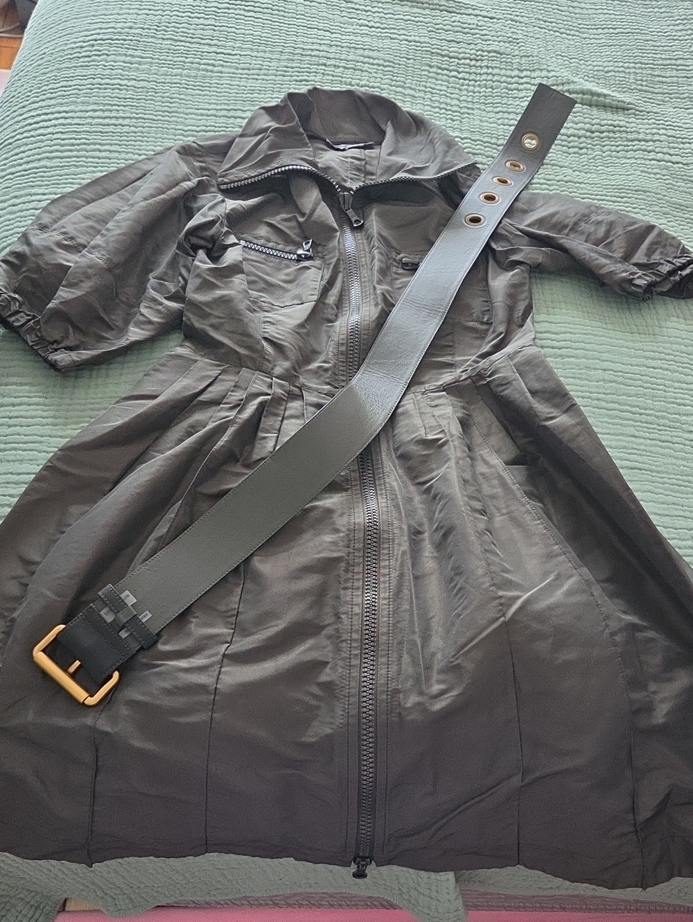 Per Se Dark Olive Zip-Front Trench Dress with Wide Belt